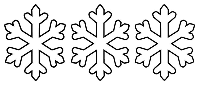 Three large six-armed snowflakes with forked branches arranged in a row