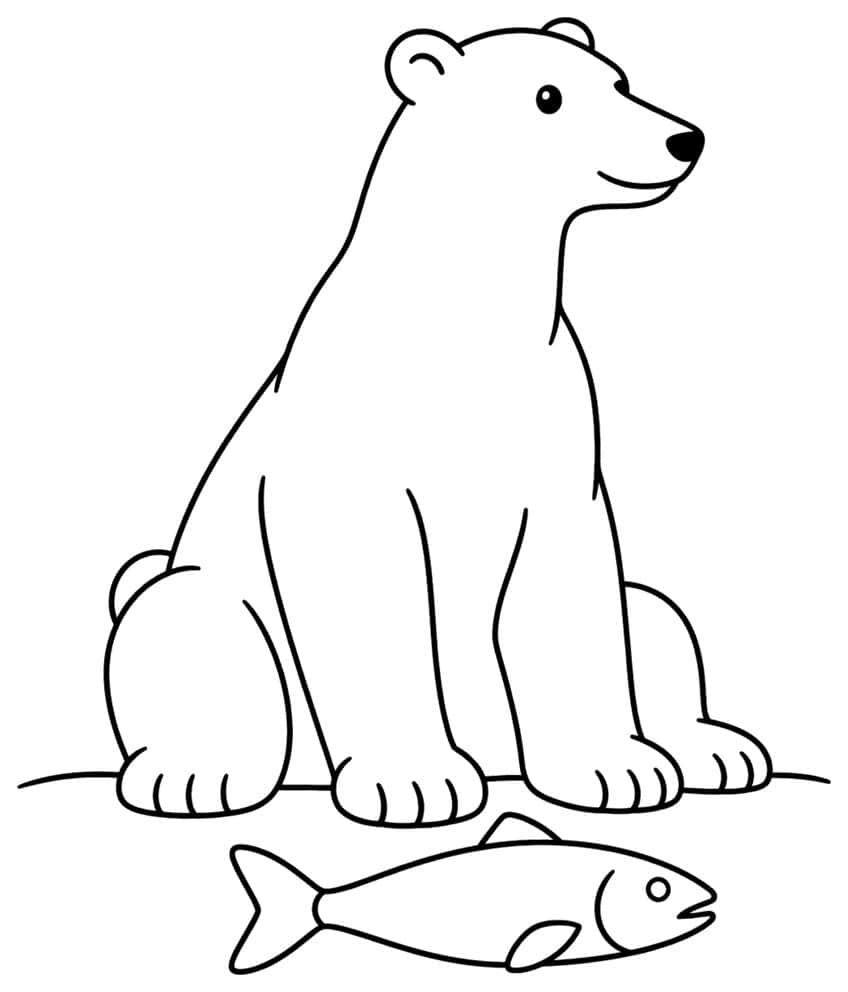 Polar bear sitting upright in side view with a large fish lying on the ground in front