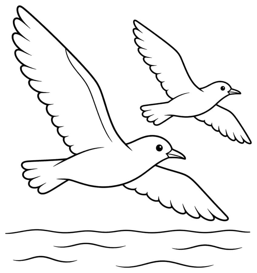 Two seagulls in flight with spread wings above wavy water lines