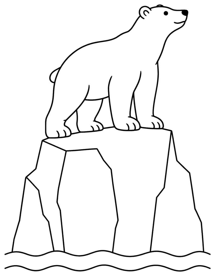 Polar bear standing on a tall angular ice pillar above two wavy lines of water