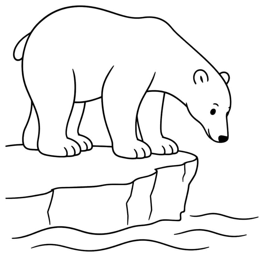 Polar bear standing on an ice ledge looking down at wavy water