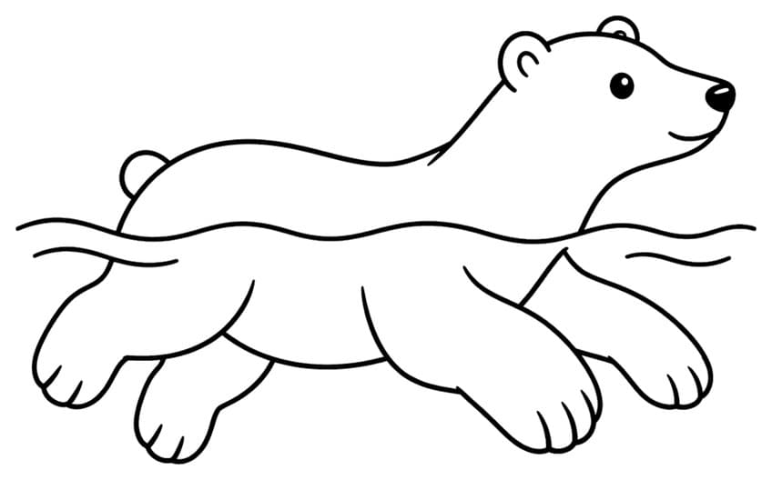 Polar bear swimming to the right with four large paws under wavy water lines