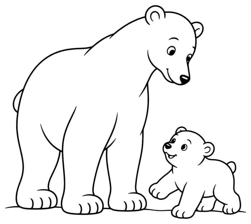 Large polar bear looking down at a small cub raising one paw and looking up