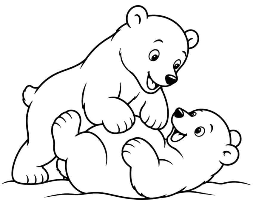 Two smiling polar bear cubs playing, one standing over the other cub lying on its back in snow