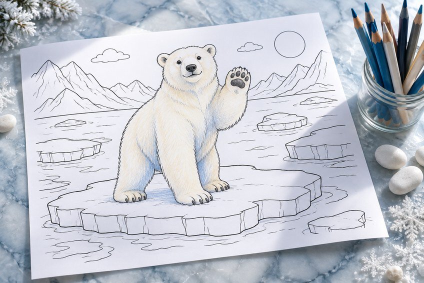 polar bear coloring page partly colored in with pencils