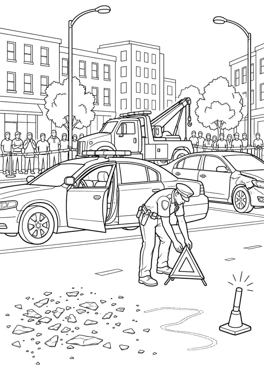 Police officer setting a warning triangle near a patrol car, tow truck and damaged car