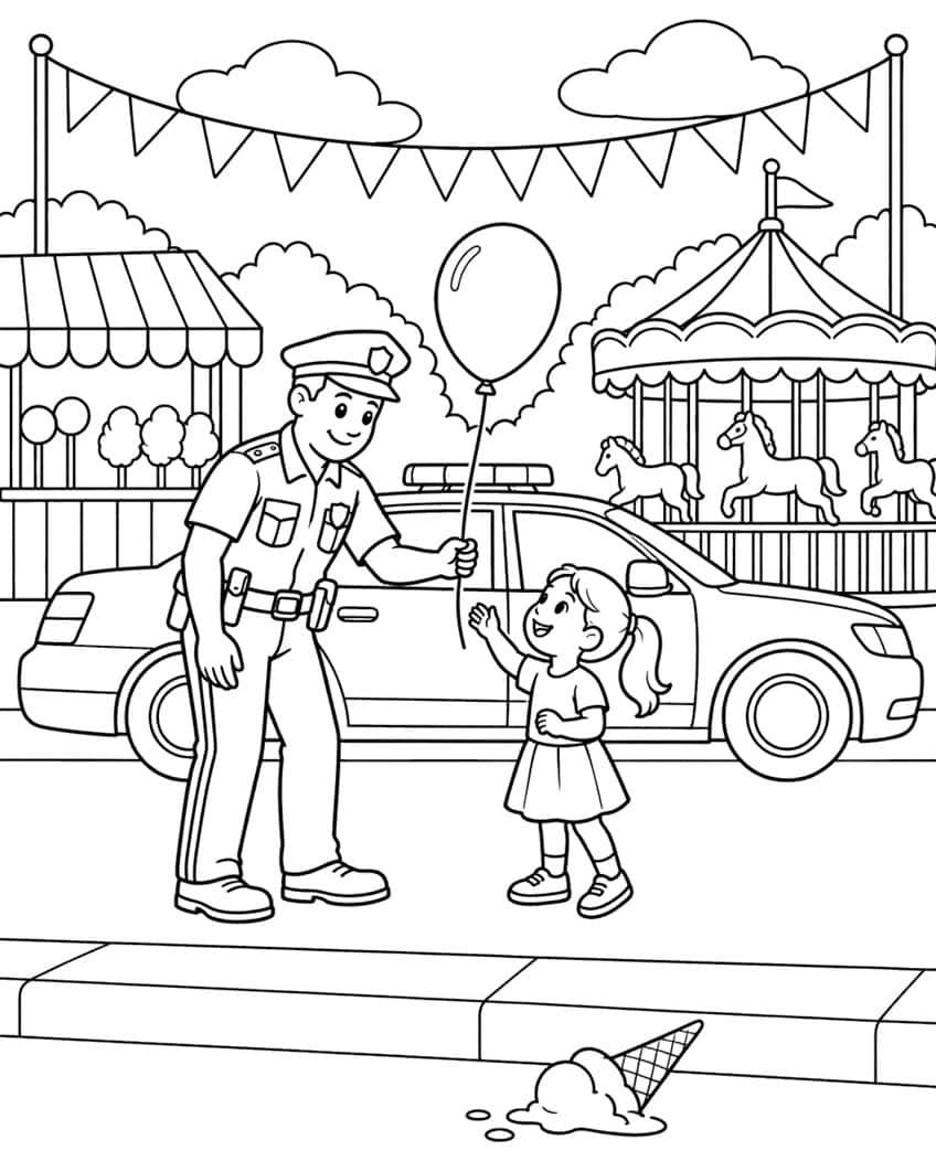 Coloring page of a police officer giving a girl a balloon at a fair beside a police car