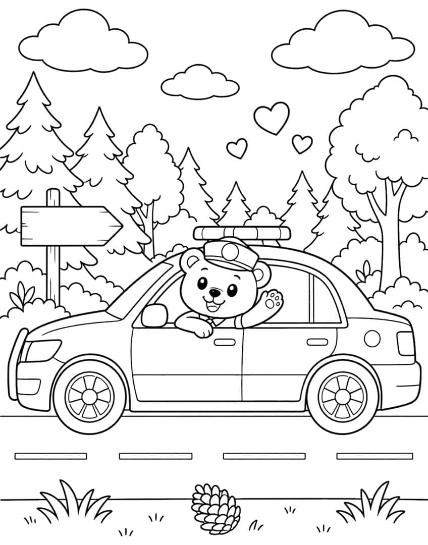 Coloring page of a cartoon bear officer waving from a police car on a forest road
