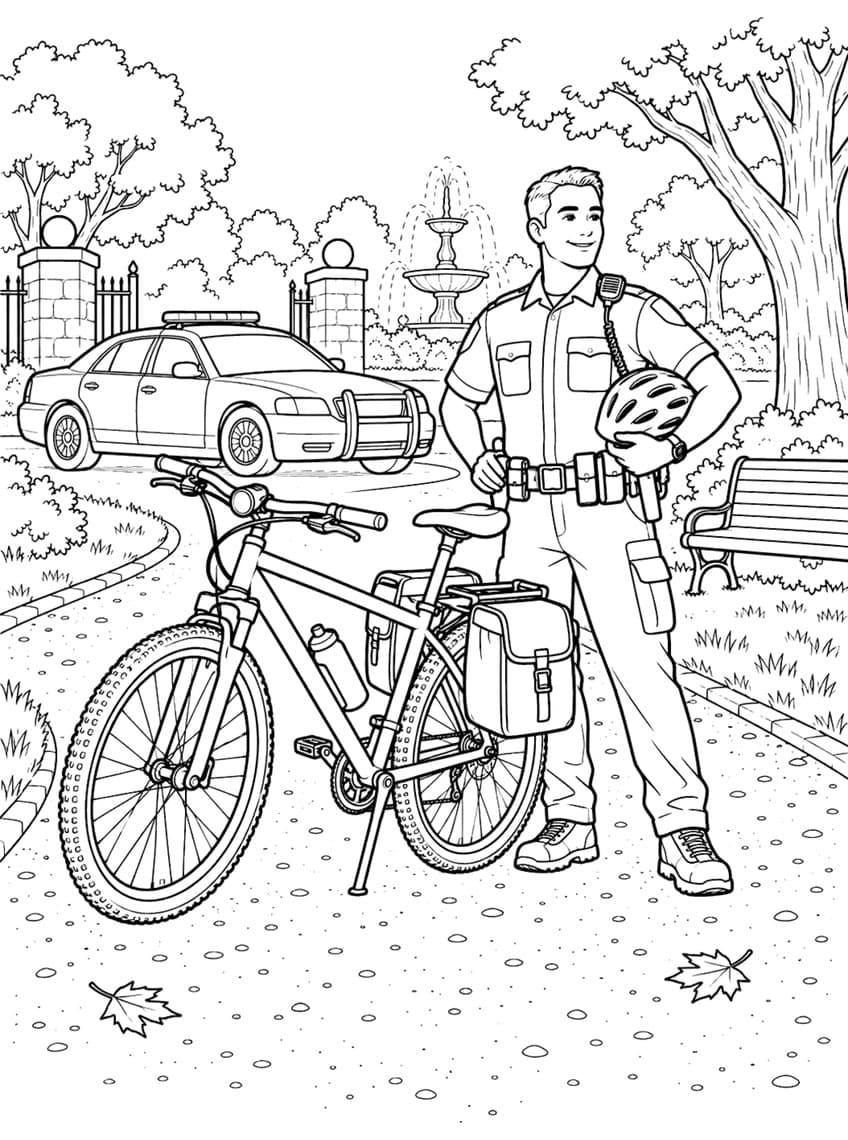 Coloring page of a bike patrol officer with a helmet beside a bicycle in a park, police car behind
