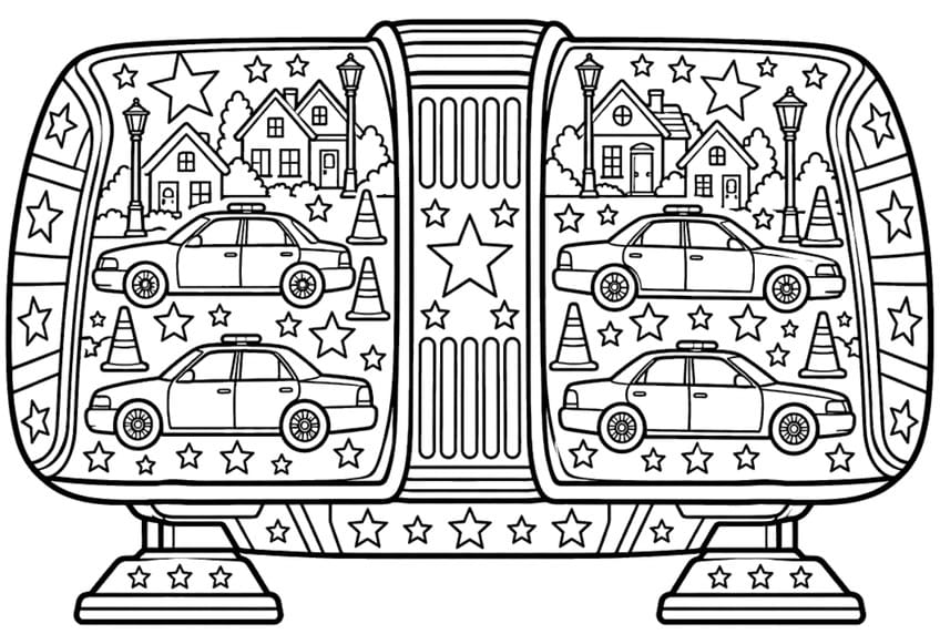 Police light bar coloring page with four patrol cars, houses, cones and stars