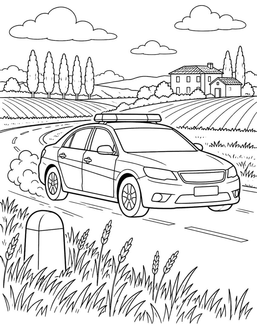 Police car coloring page on a winding country road with fields, cypress trees and a farmhouse
