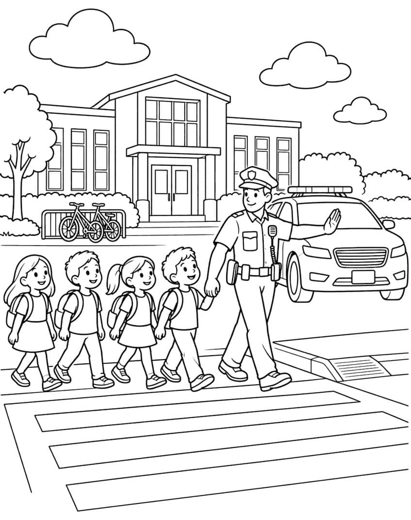 Police officer leading four schoolchildren across a zebra crossing, with a patrol car and a school behind