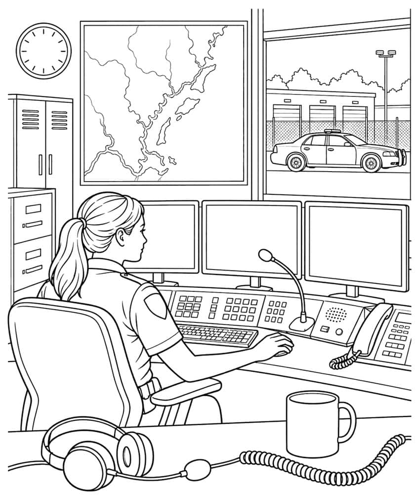 Coloring page of a police dispatcher at a console with monitors and a patrol car outside the window