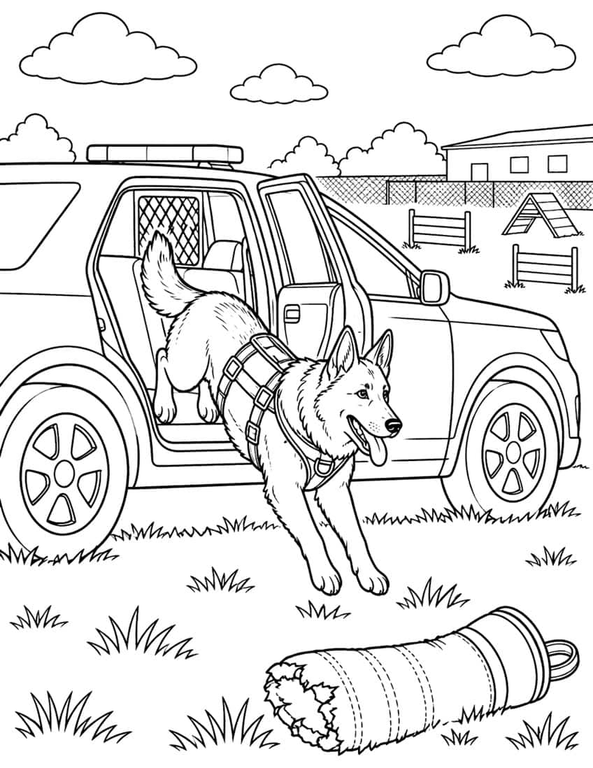 Coloring page of a police dog jumping out of a patrol SUV onto a grassy K9 training field