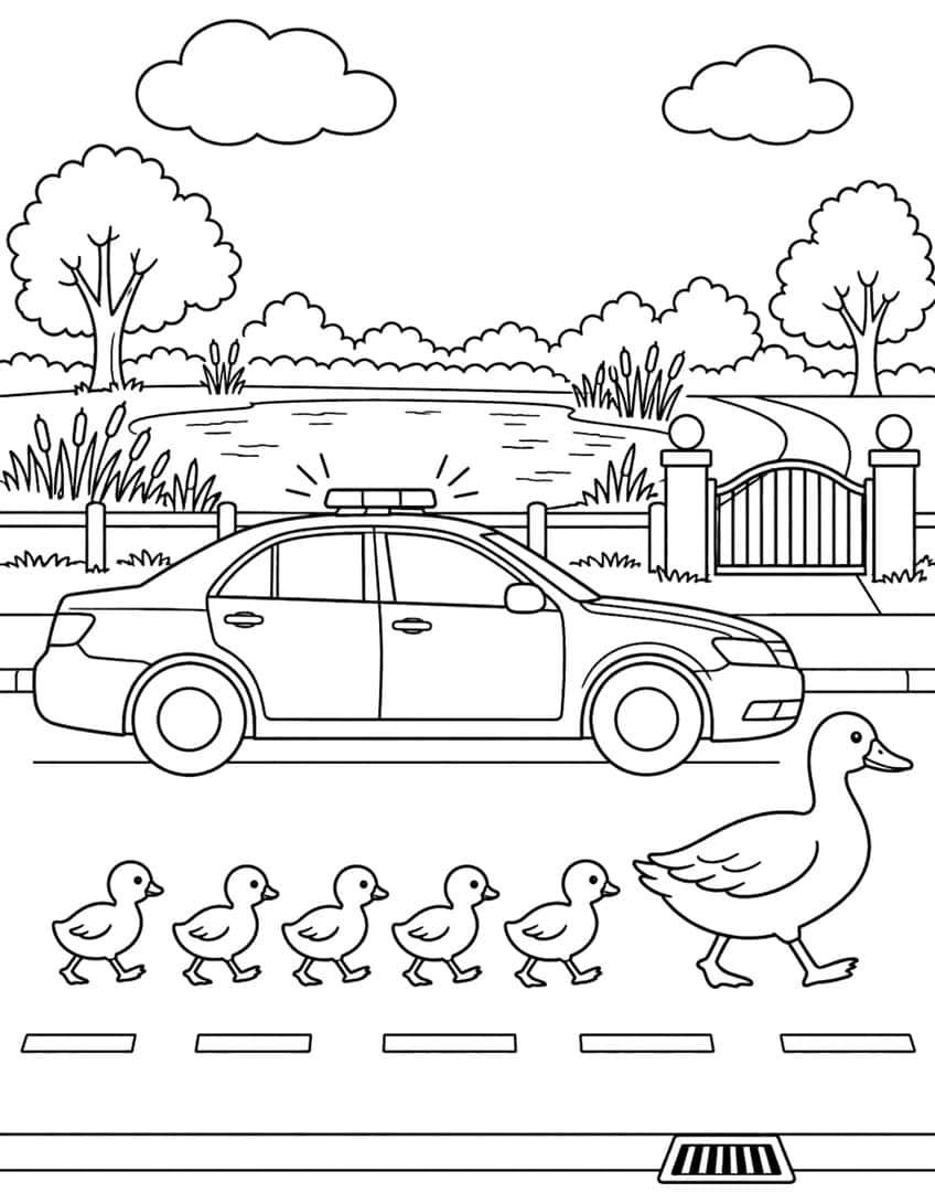 Coloring page of a police car stopped for a mother duck and five ducklings by a park pond
