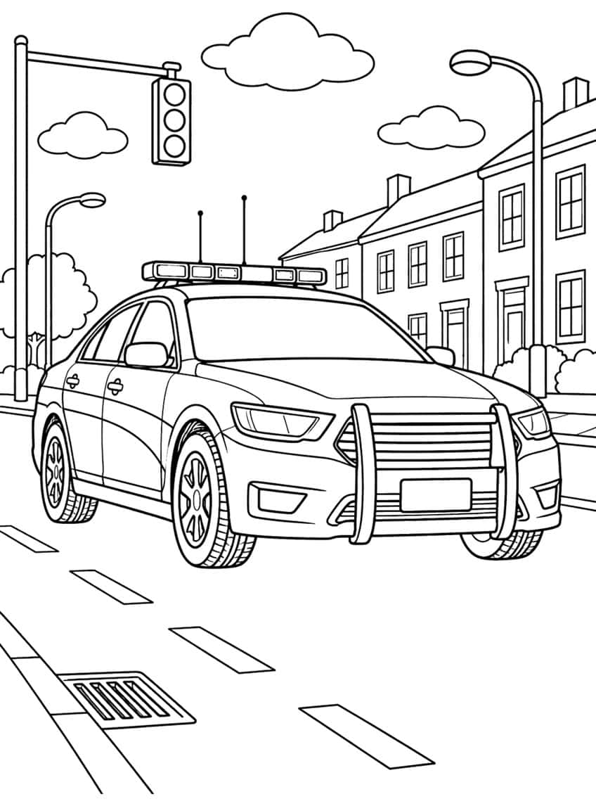 Police car with roof light bar on a city street with a traffic light and houses, coloring page