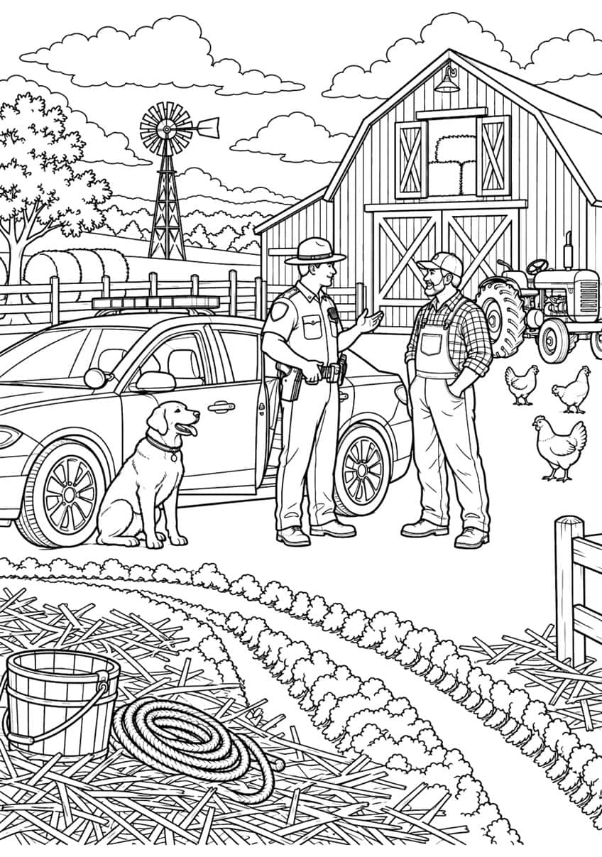 Coloring page of a police officer and farmer talking by a patrol car in a farmyard with a barn