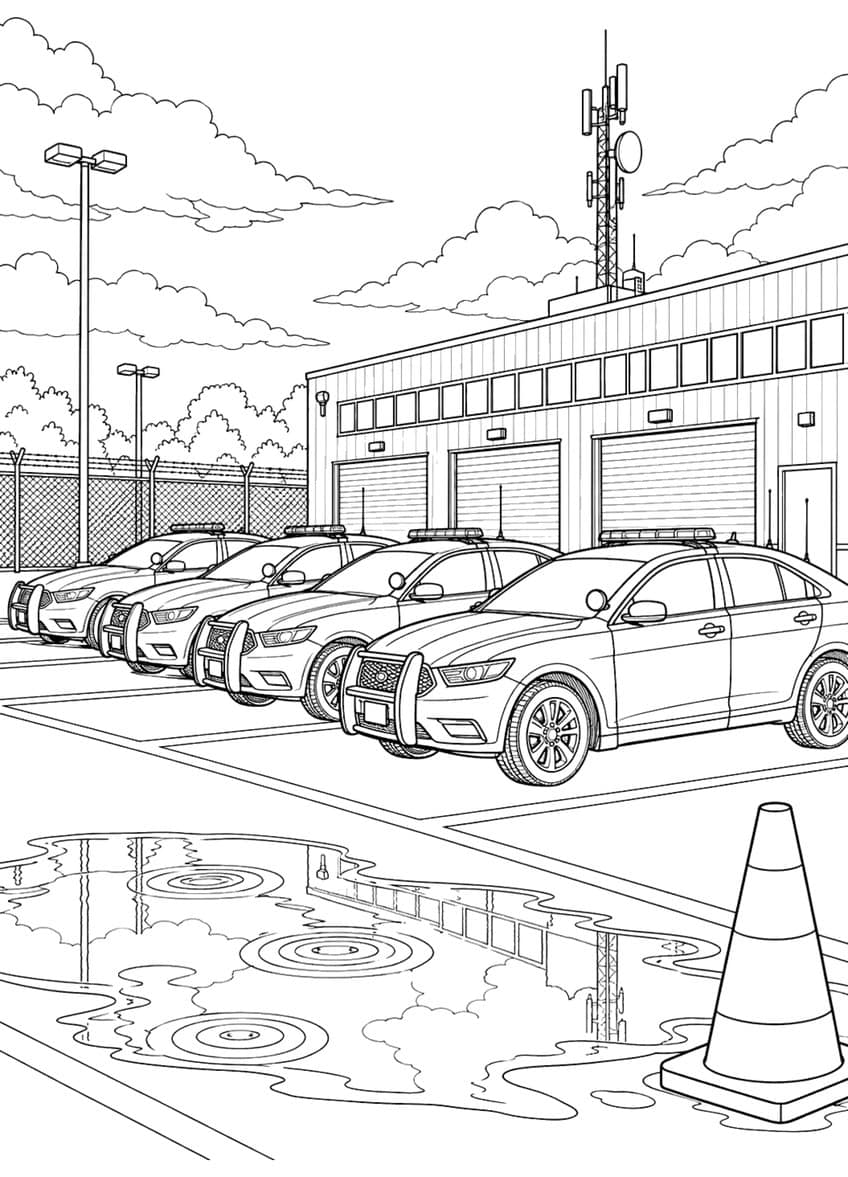 Coloring page of four police cars parked at a station garage with a cone and a puddle