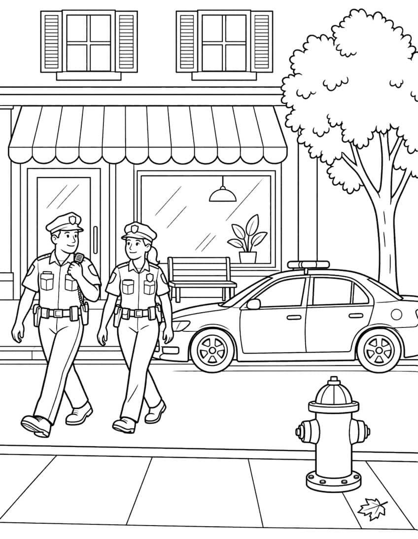 Coloring page of two police officers on foot patrol past a shop, a parked police car and a fire hydrant