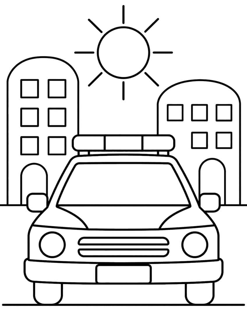Coloring page of a police car seen from the front, with two buildings and a sun behind it