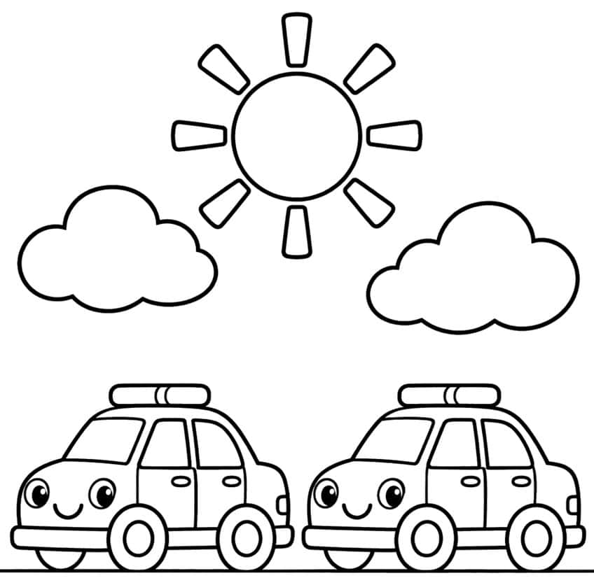 Coloring page of two smiling cartoon police cars with light bars, a sun and two clouds