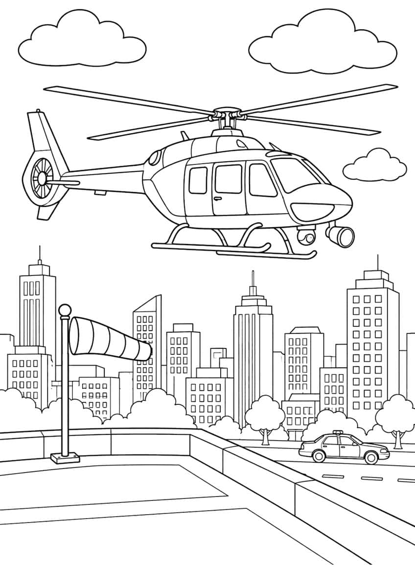 Coloring page of a police helicopter over a rooftop, with a police car and city skyline below