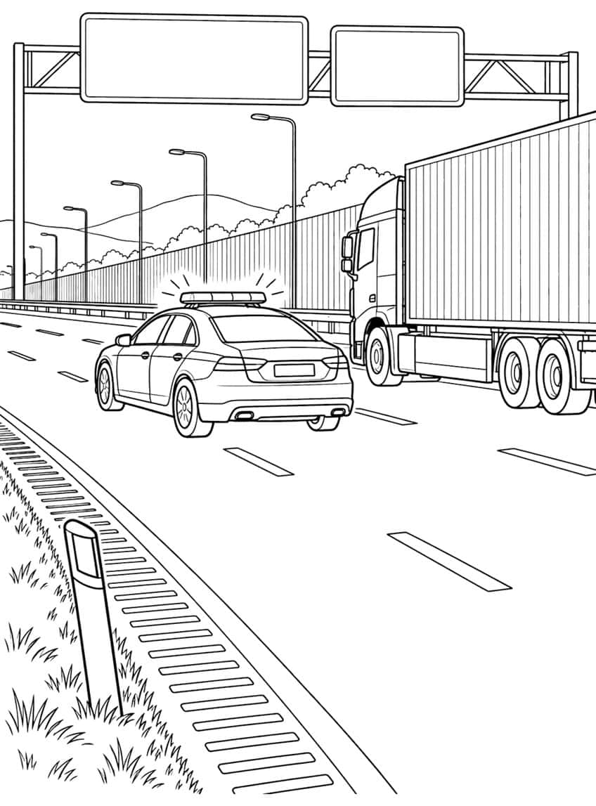 Coloring page of a police car behind a truck on a highway under an overhead sign
