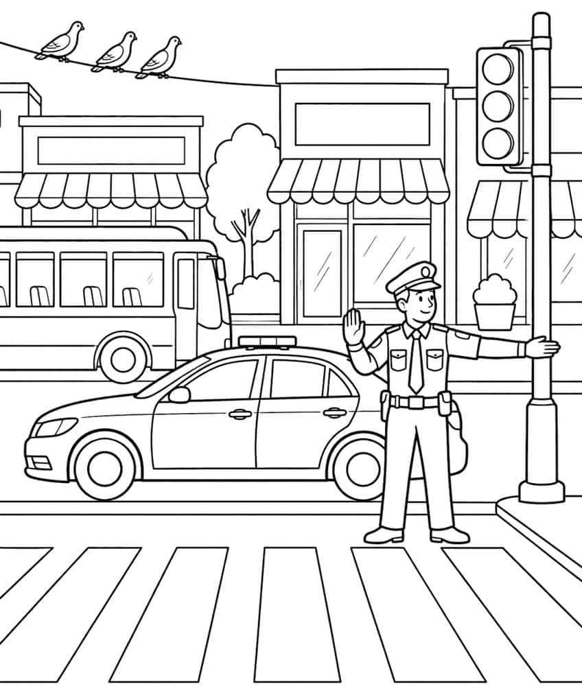 Coloring page of a police officer directing traffic at a crosswalk beside a patrol car