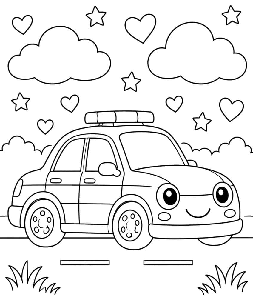 Kawaii police car with a smiling face on a road, with clouds, hearts and stars above