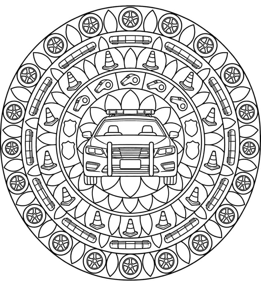 Police car mandala coloring page with cones, whistles, badges, light bars and wheels in rings
