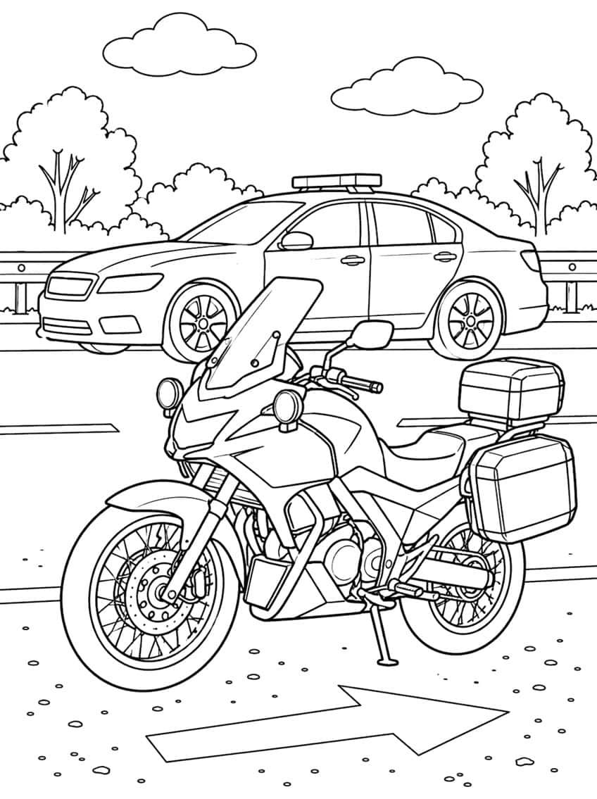 Coloring page of a police motorcycle with saddlebags parked by a patrol car and a guardrail