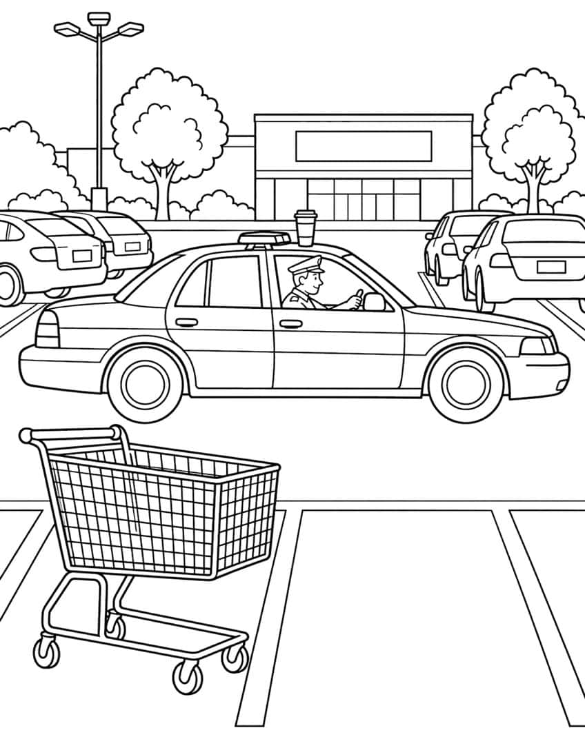 Coloring page of a police car in a store parking lot, with a coffee cup on its roof and a shopping cart