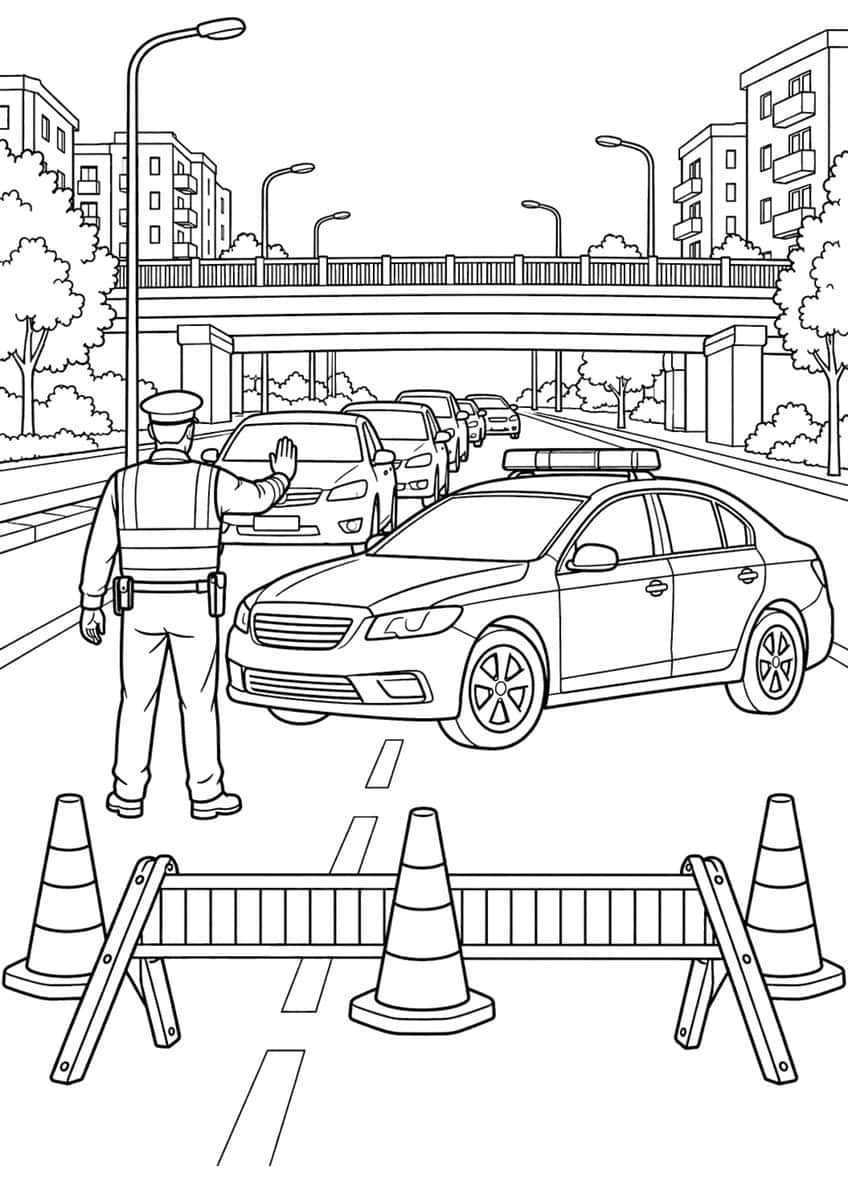 Police car roadblock with officer, barrier, traffic cones and waiting cars under a city overpass