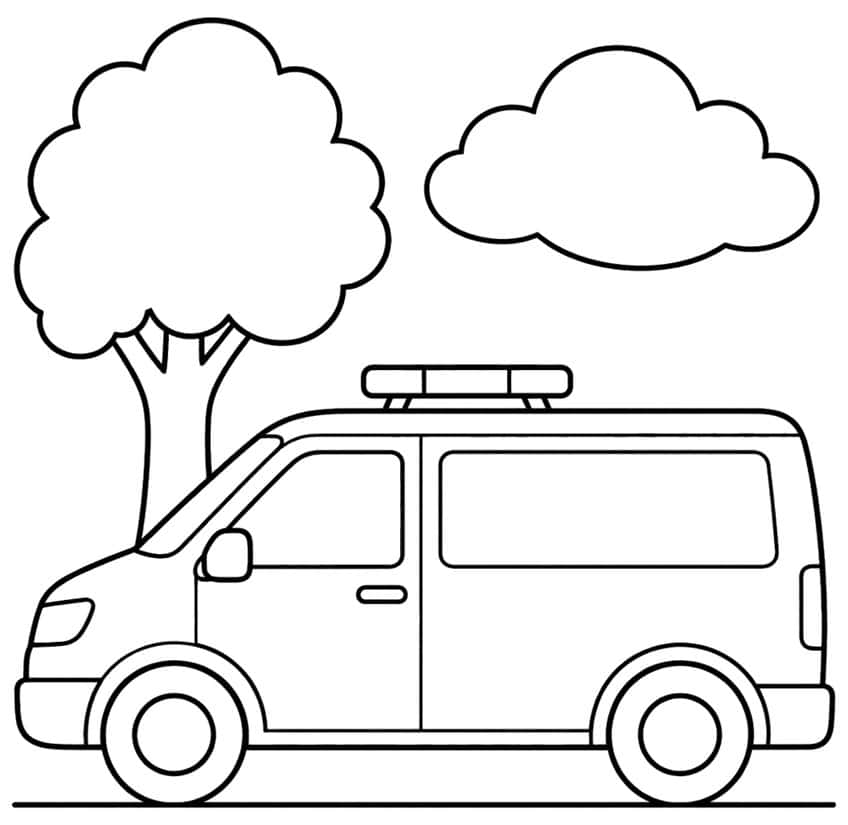 Coloring page of a simple police van with a roof light bar next to a tree and a cloud