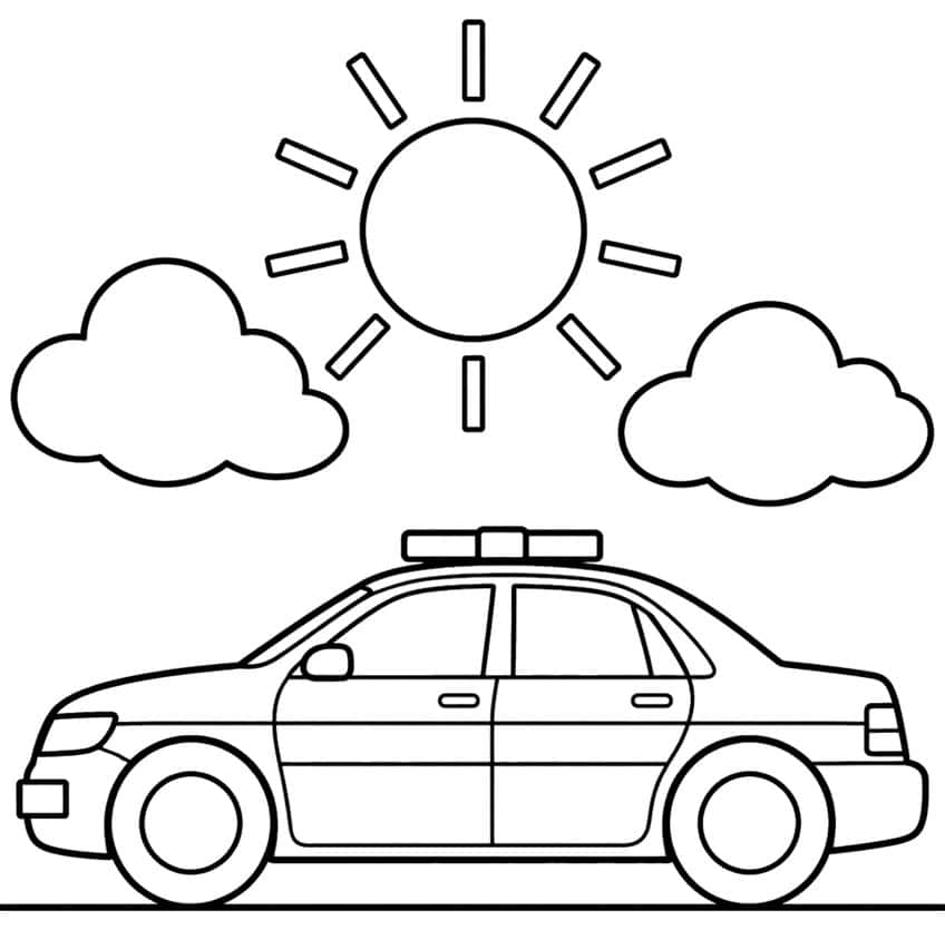 Police car coloring page with a light bar, a sun and two clouds