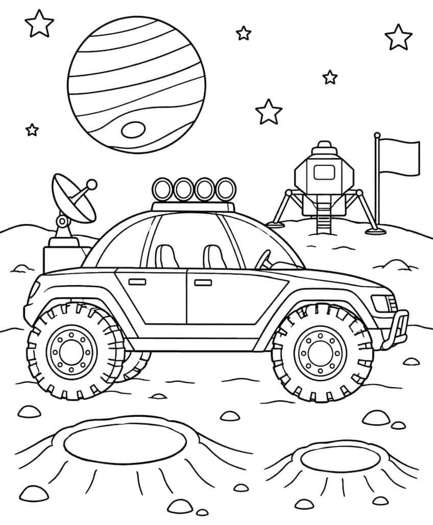 Coloring page of a police car with big tires on the moon, with a lunar lander, craters and a planet