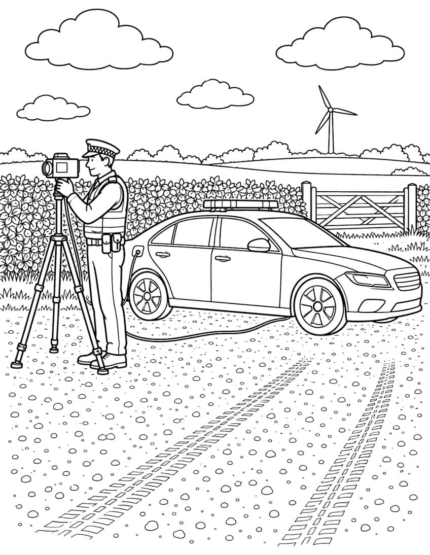 Coloring page of a police officer with a tripod speed camera beside a patrol car on a gravel road