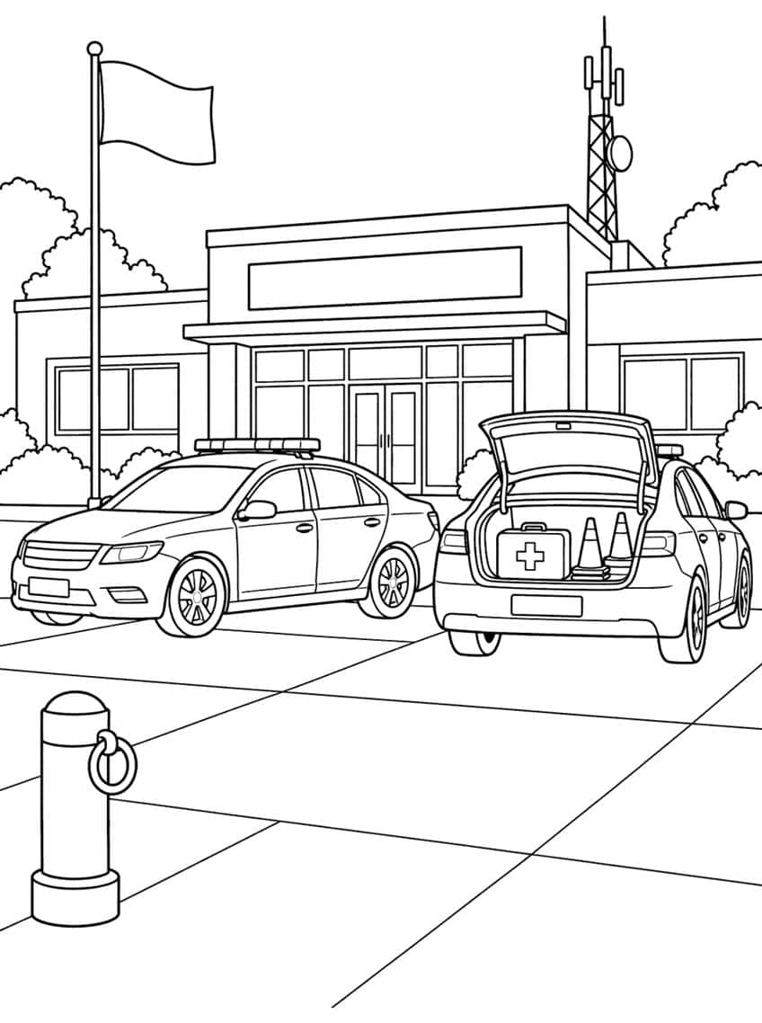 Coloring page of two police cars outside a police station, one with an open trunk and traffic cones