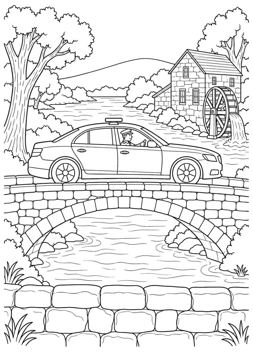 Police car with an officer crossing a stone arch bridge over a river near a water mill