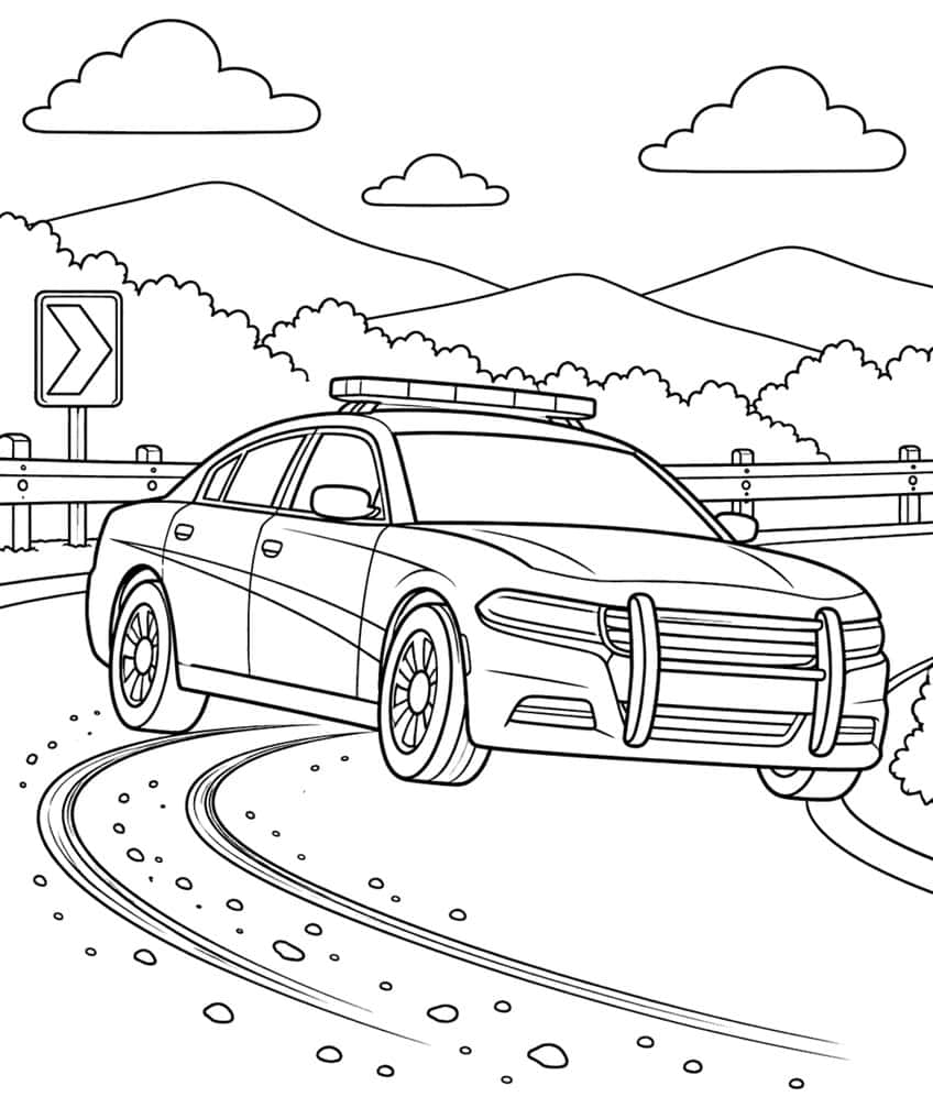 Police car coloring page with a cruiser on a winding road by a guardrail, curve sign, hills and clouds