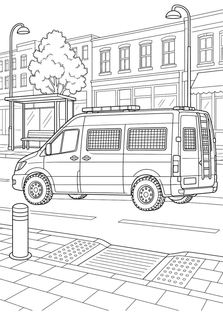Police van coloring page with a light bar, parked on a town street next to a bus stop