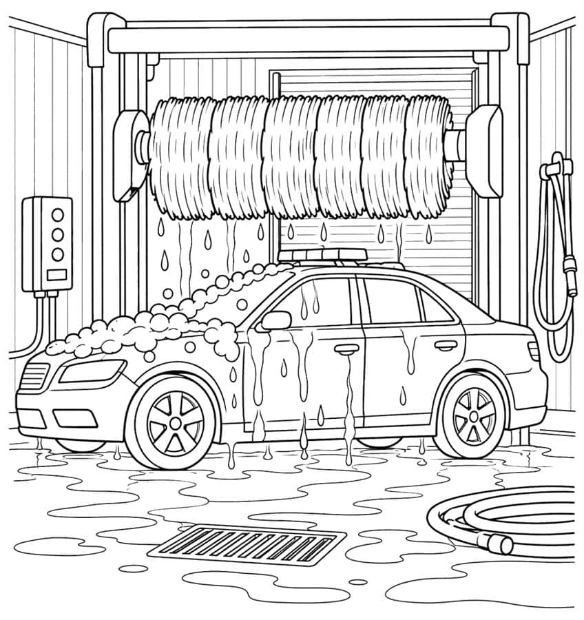 Police car covered in soap bubbles under a rotating car wash brush, with a hose and floor drain
