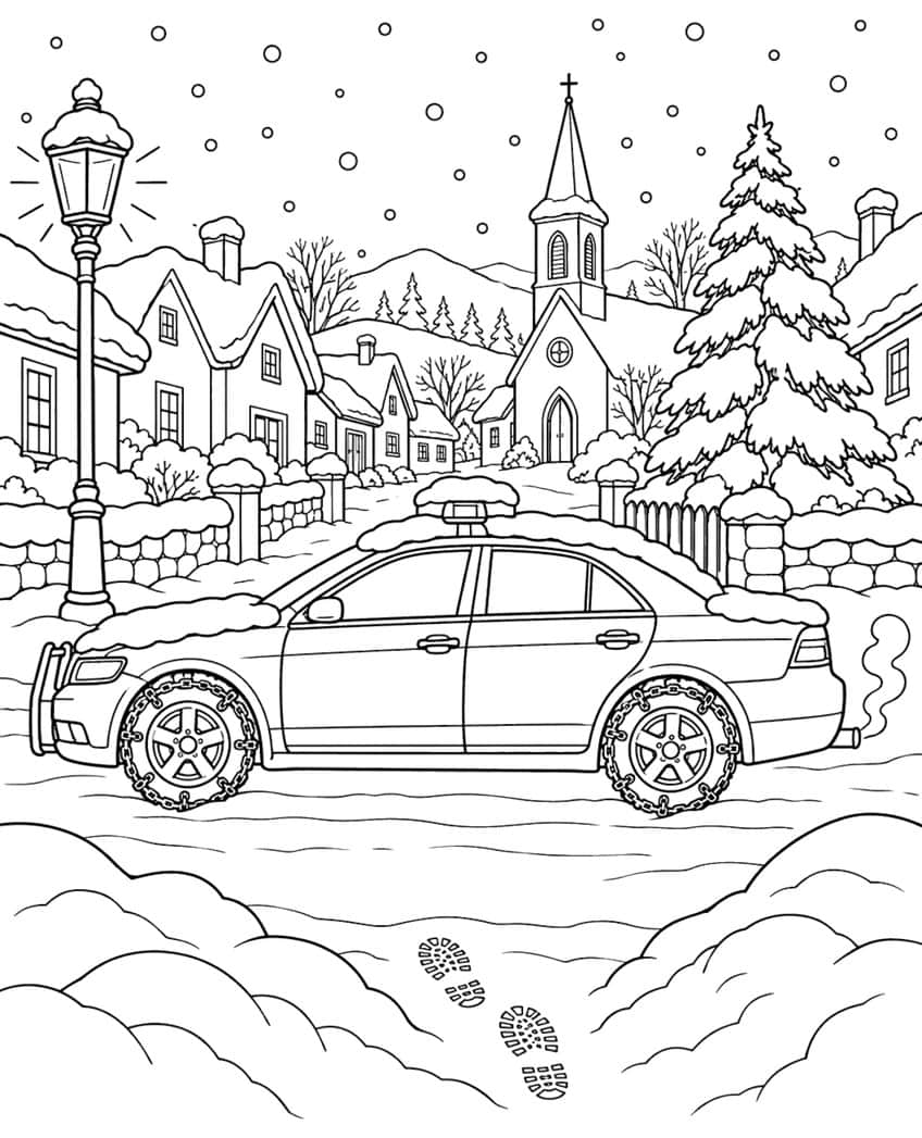 Coloring page of a snow-covered police car with tire chains parked in a snowy village with a church