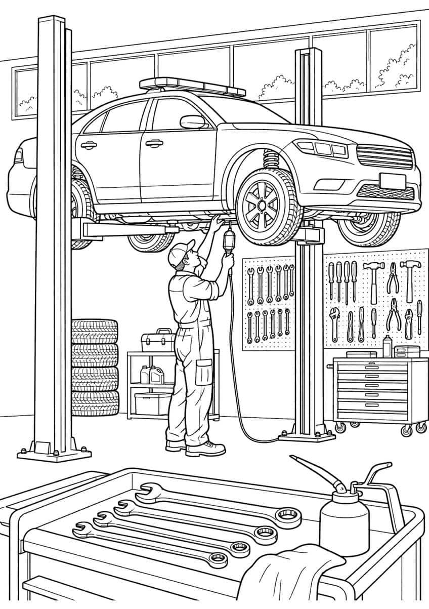 Coloring page of a police car raised on a garage lift while a mechanic works underneath it