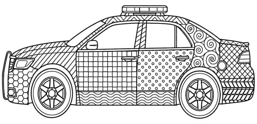 Police car coloring page with zentangle patterns filling the doors, hood and trunk