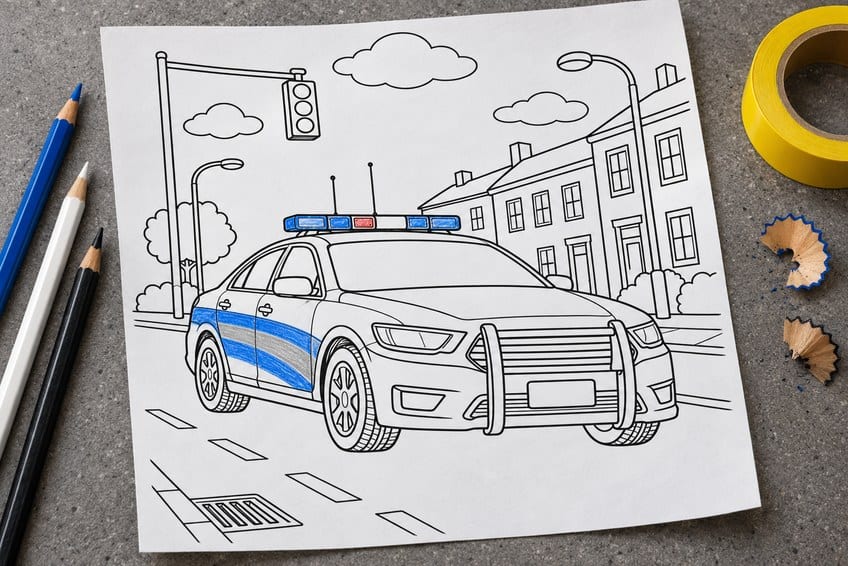 police car coloring page partly colored in with pencils
