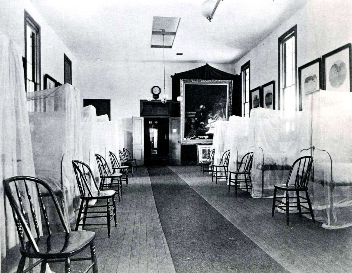 The Gross Clinic displayed in Ward One of the U.S. Army Post Hospital at the 1876 Centennial Exhibition.