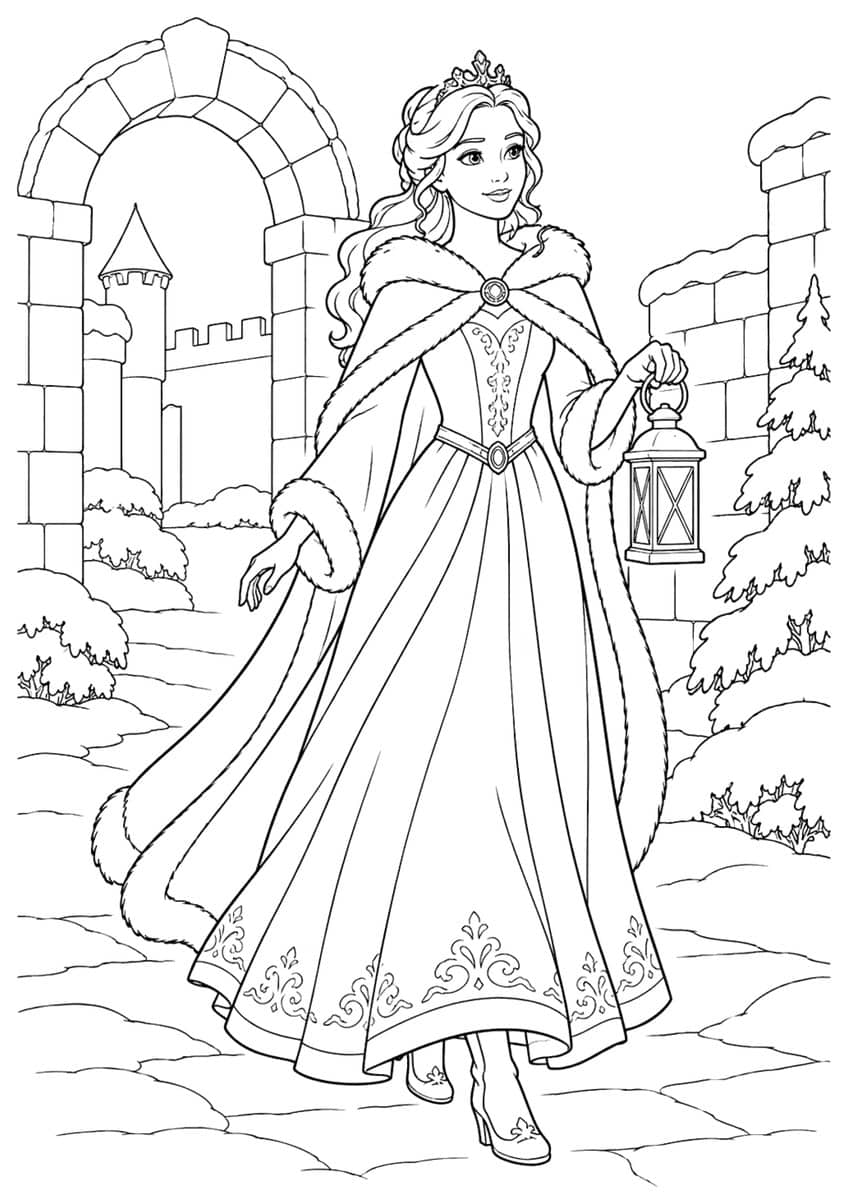 Coloring page of a princess holding a lantern in a castle courtyard