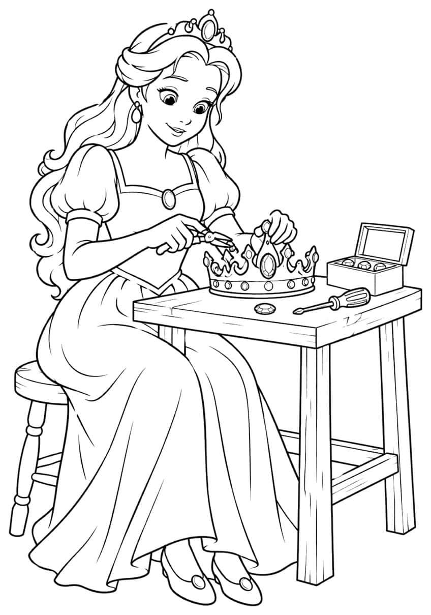 Princess with pliers repairing a jewelled crown on a wooden table