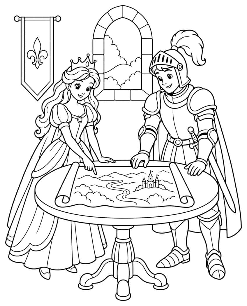 Princess and knight pointing at a map with a castle on a round table